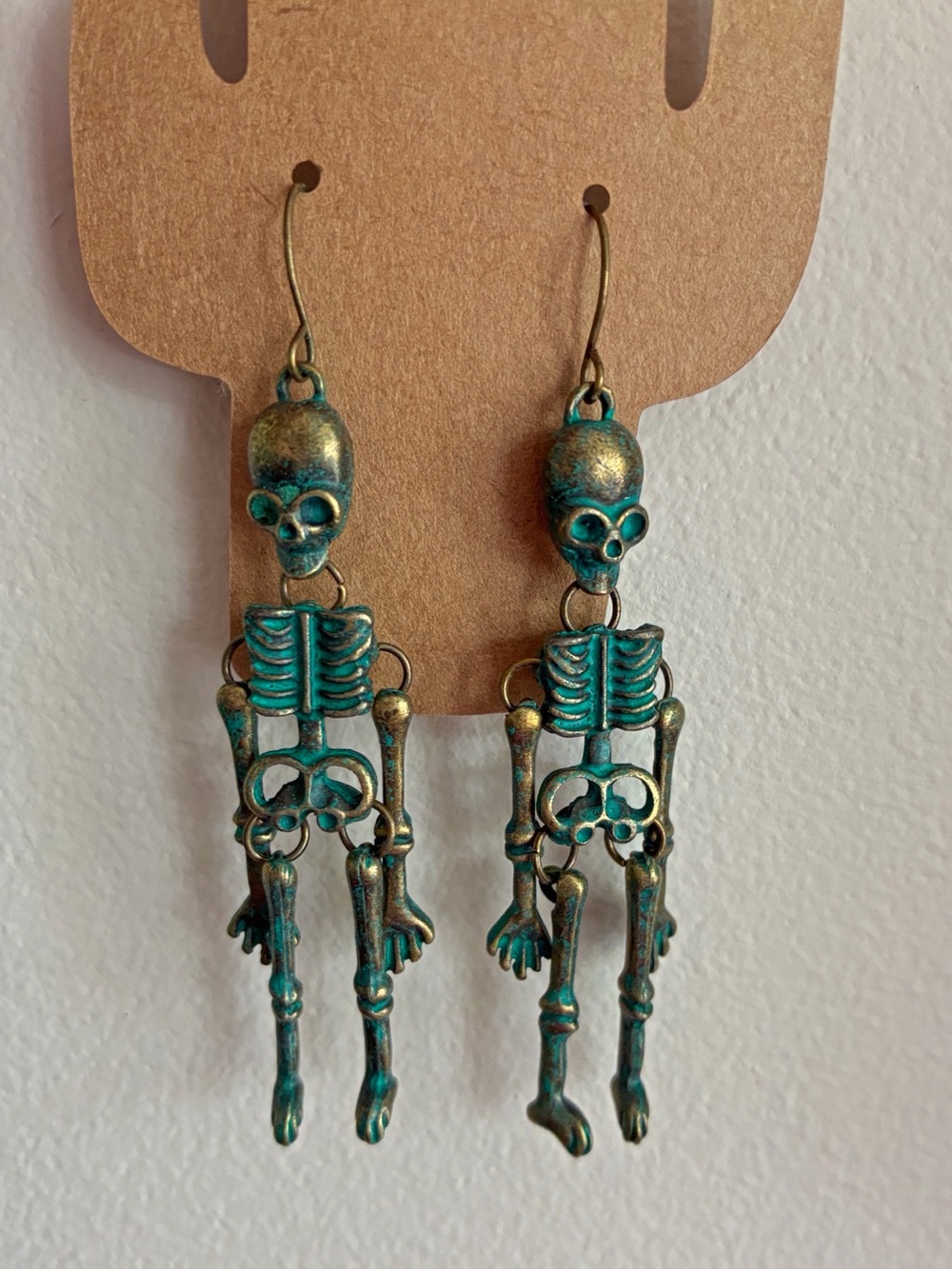 Skeleton Dangle Earrings Turquoise Patina Antique Gold Halloween Gothic Boho